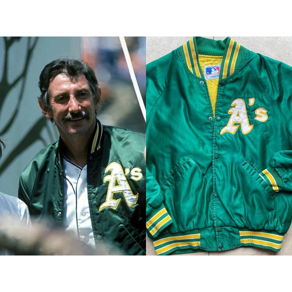Oakland A's Athletics 80s STARTER satin bomber jacket XL green gold MLB vintage